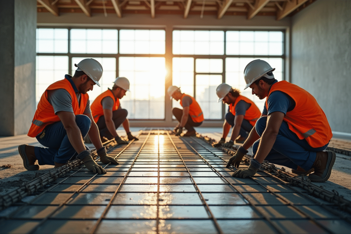 Equipe de construction renforçant un sol en béton avec des barres d'acier