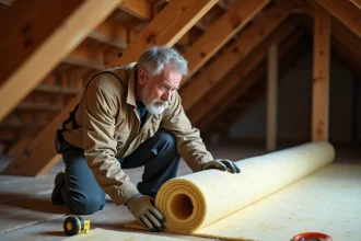 Artisan posant un rouleau d'isolant thermique avec une jonction mal coupée dans une toiture en bois
