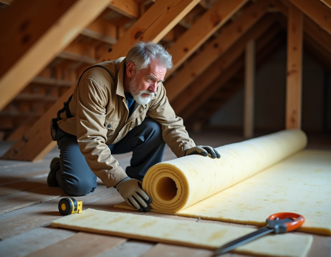 Artisan posant un rouleau d'isolant thermique avec une jonction mal coupée dans une toiture en bois