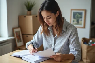 Femme étrangère consultant des documents administratifs dans un appartement en cours d'emménagement