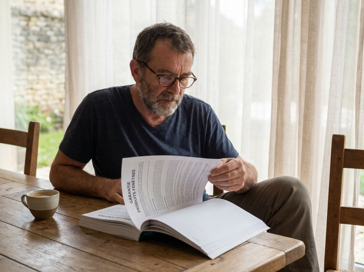 Homme lisant attentivement les garanties proposées pour des fenêtres neuves