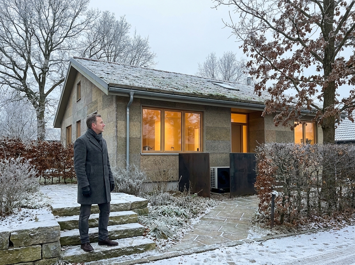 Façade de maison contemporaine haut de gamme en hiver avec isolation thermique performante et toiture végétalisée sous le givre