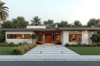 Façade d'une maison de plain-pied moderne 4 chambres avec grandes fenêtres et jardin aménagé