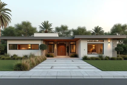 Façade d'une maison de plain-pied moderne 4 chambres avec grandes fenêtres et jardin aménagé