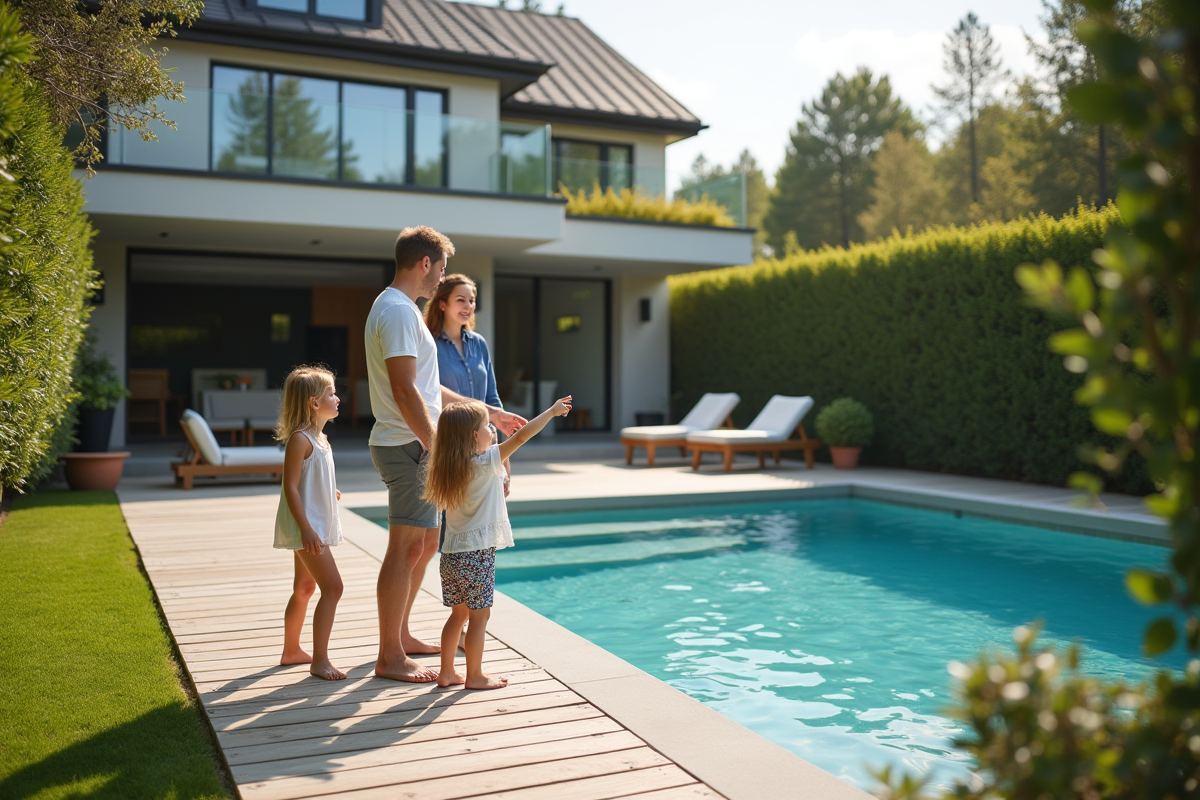 Famille jouant près de la piscine dans le jardin