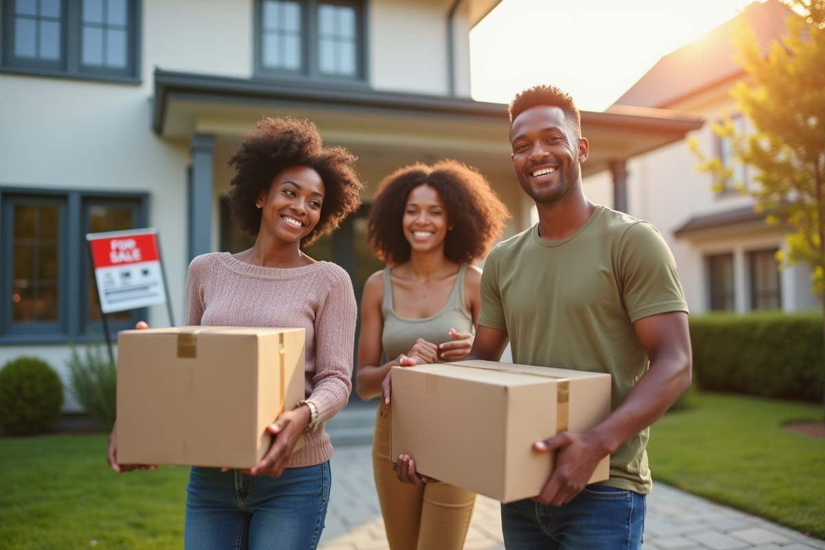 Famille souriante avec cartons devant leur nouvelle maison ensoleillée