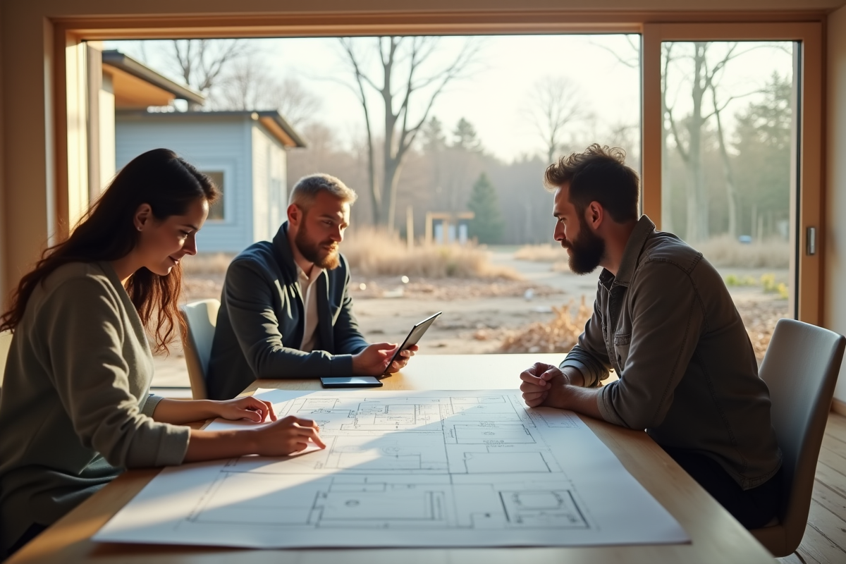 Famille discutant de renovation avec architect dans salon lumineux