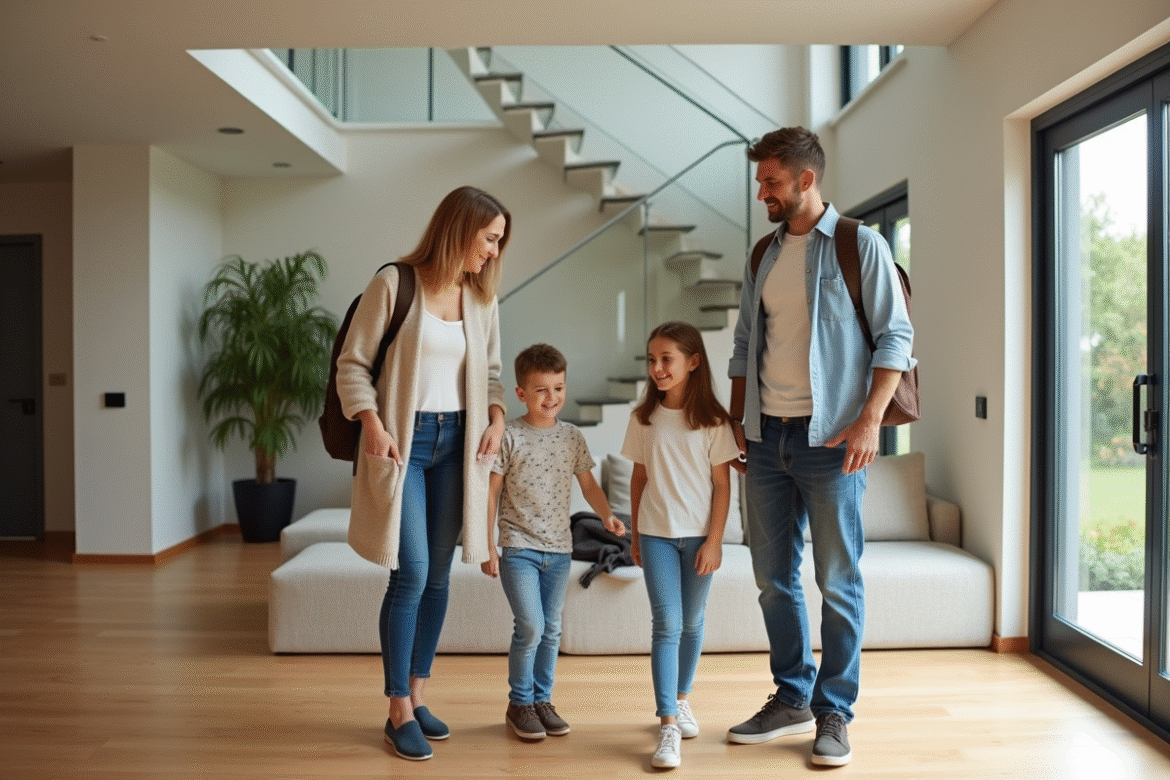 Famille heureuse dans le foyer moderne spacieux
