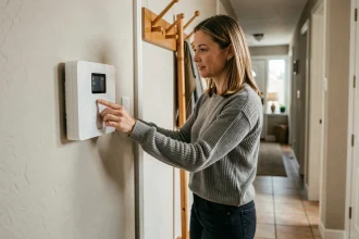 Femme activant un panneau d'alarme Verisure dans l'entrée de sa maison, illustrant la télésurveillance résidentielle