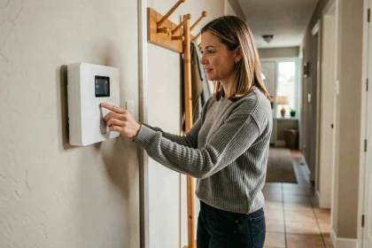 Femme activant un panneau d'alarme Verisure dans l'entrée de sa maison, illustrant la télésurveillance résidentielle