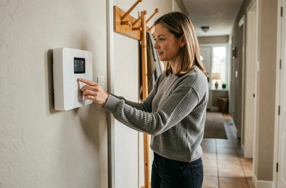 Femme activant un panneau d'alarme Verisure dans l'entrée de sa maison, illustrant la télésurveillance résidentielle