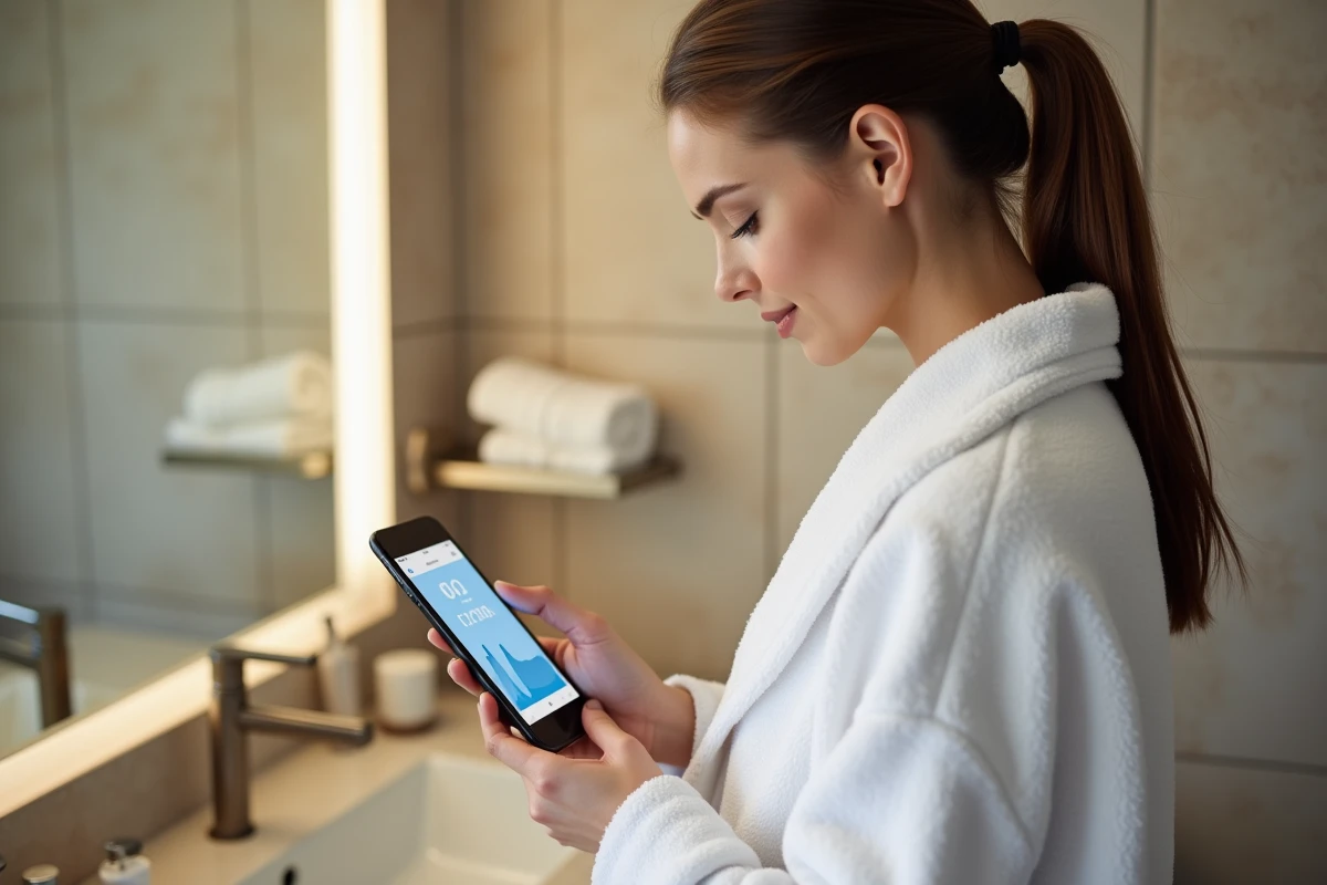 Femme en peignoir consultant une application de suivi de consommation d'eau sur smartphone après la douche