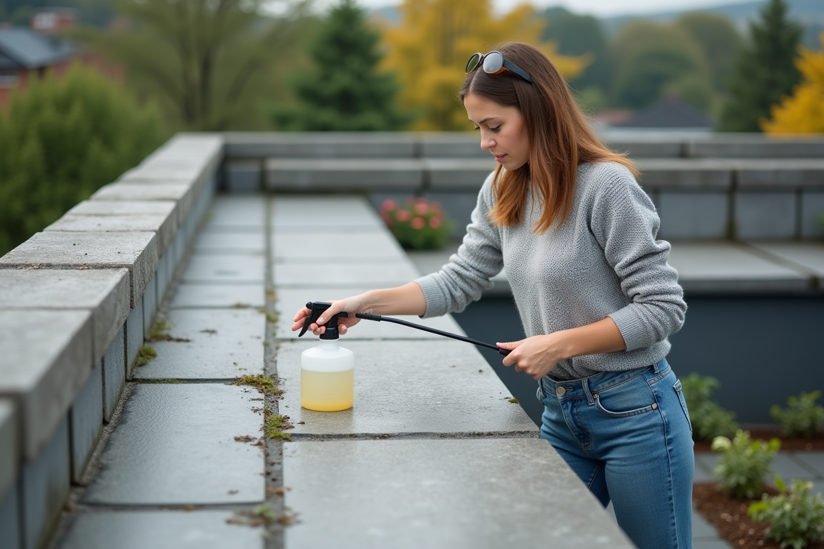 Jeune femme pulvérisant un produit écologique sur les tuiles du toit