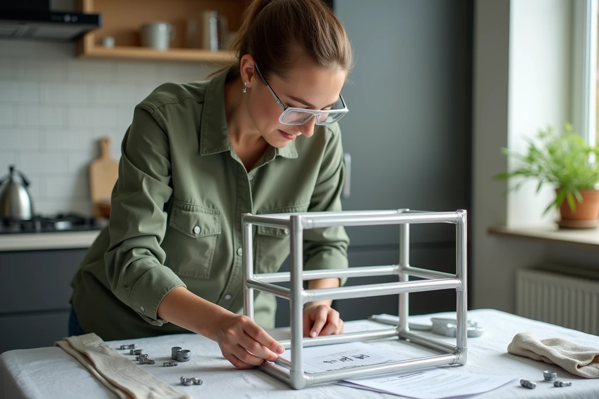 Femme assemblant une structure en tubes aluminium pour un projet de bricolage à domicile