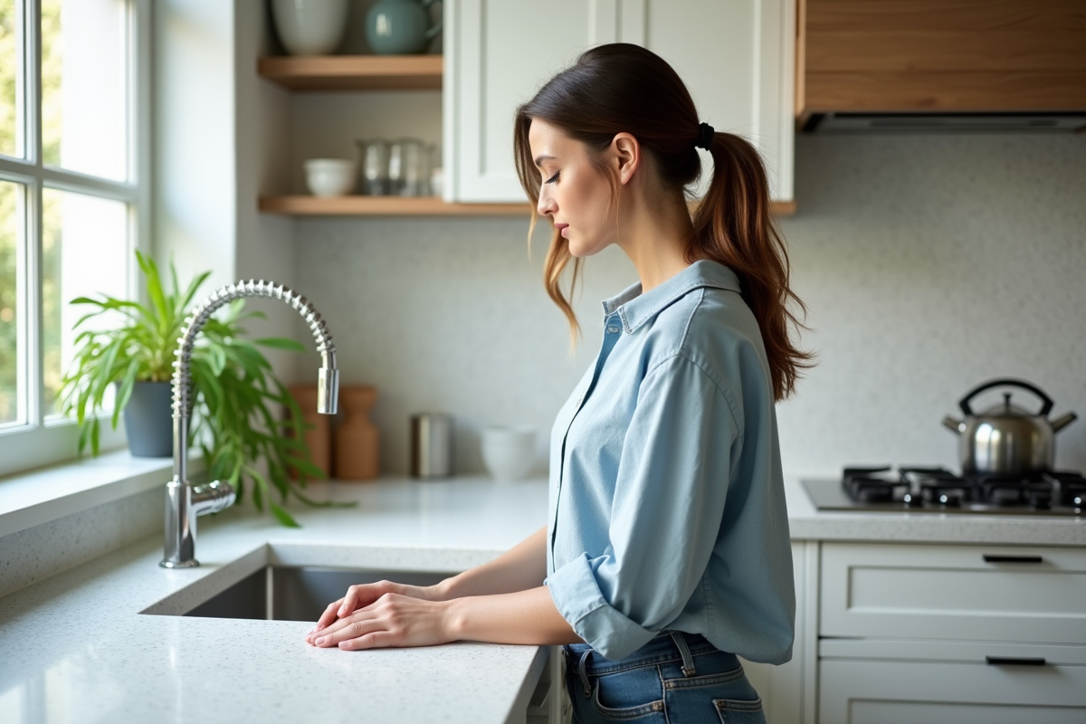Femme en blouse bleue et jeans touchant un backsplash terrazzo