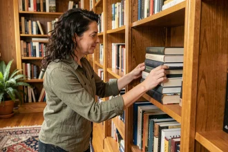 Femme utilisant un Book Stacker pour organiser des livres sur une bibliothèque en bois dans une pièce chaleureuse