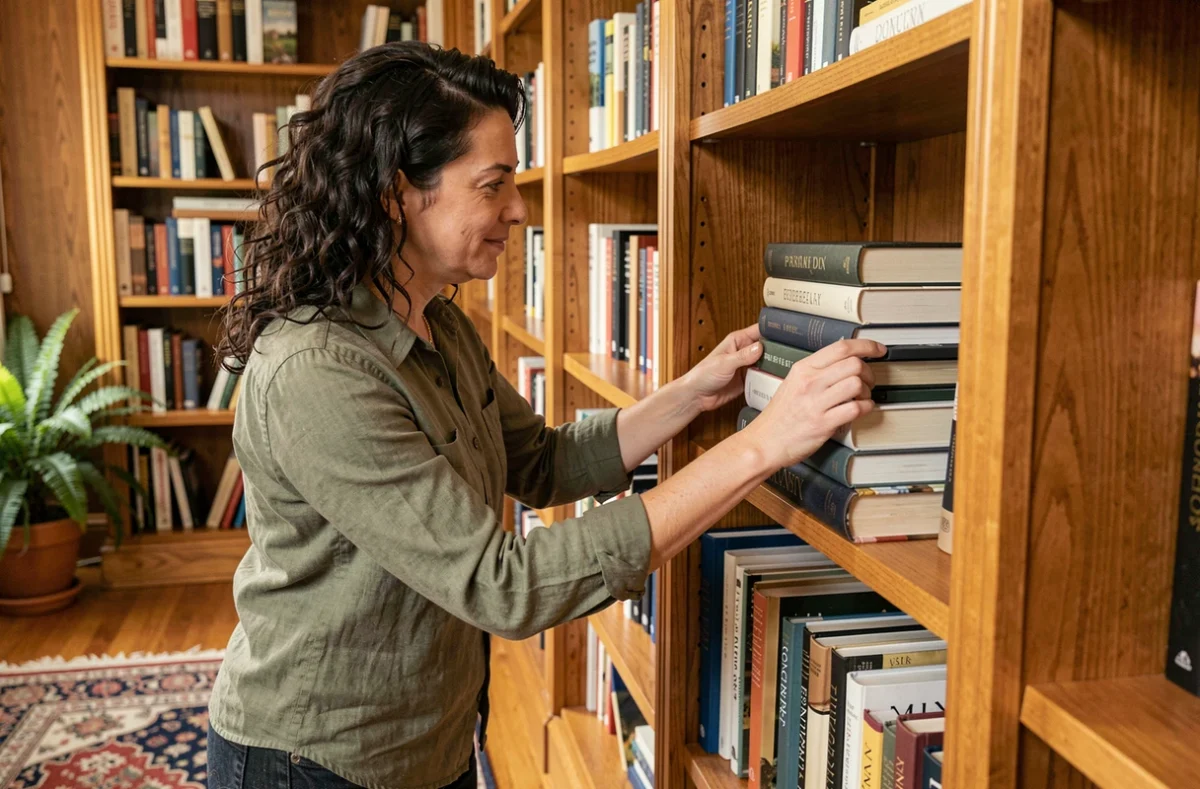 Femme utilisant un Book Stacker pour organiser des livres sur une bibliothèque en bois dans une pièce chaleureuse