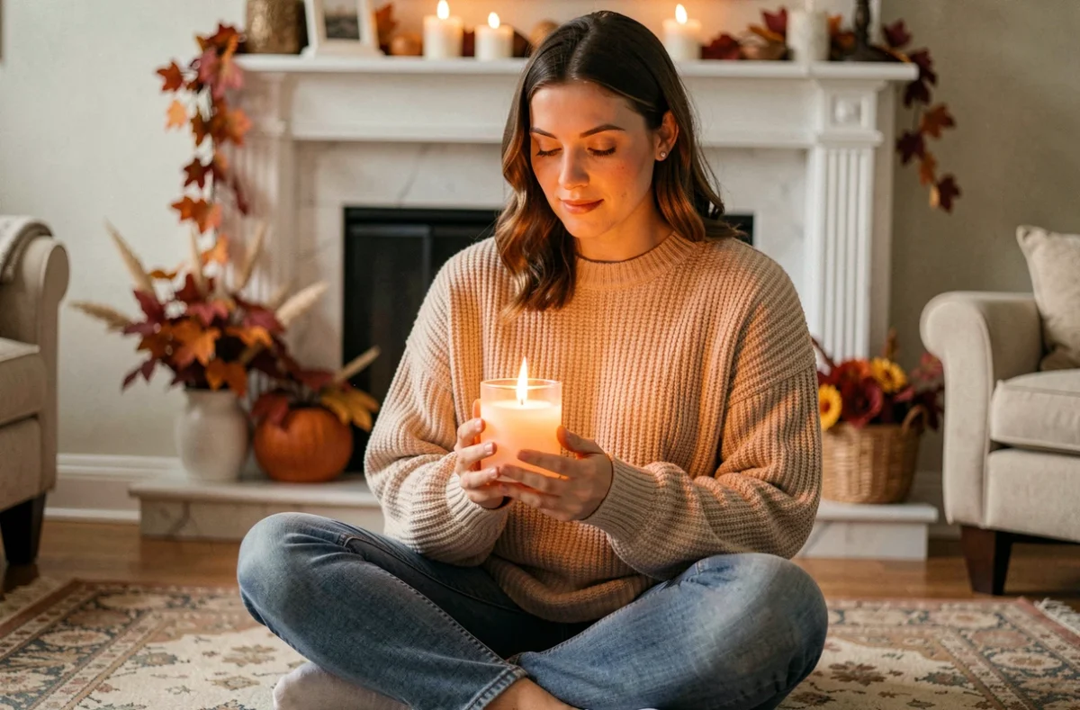Femme tenant une bougie à fausse flamme LED dans les mains dans un salon d'automne chaleureux, alternative sécurisée à la bougie en cire
