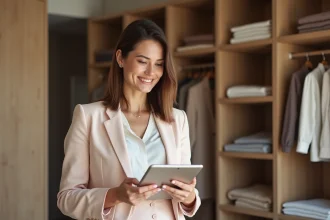 Femme confiante en blazer pastel dans un dressing moderne
