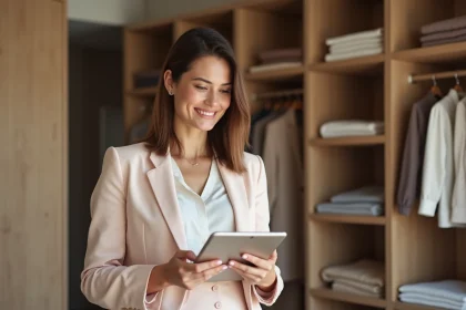 Femme confiante en blazer pastel dans un dressing moderne