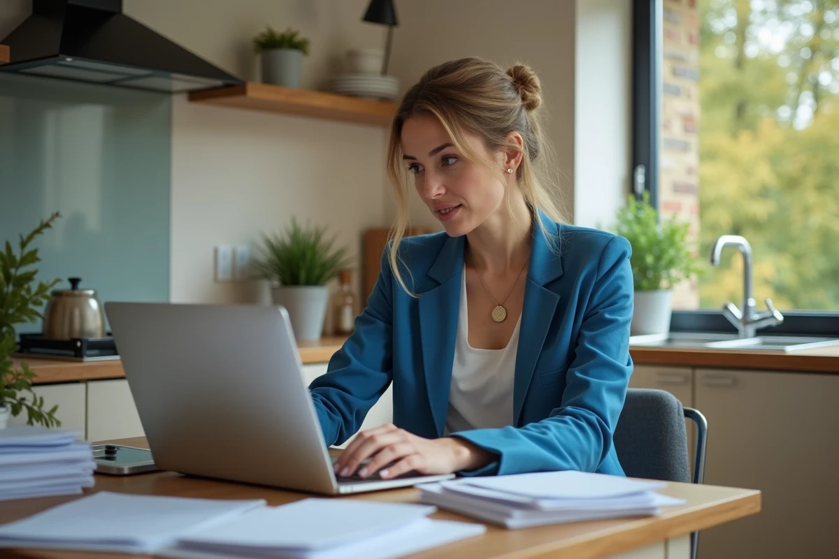 Femme travaillant sur son ordinateur dans une cuisine moderne
