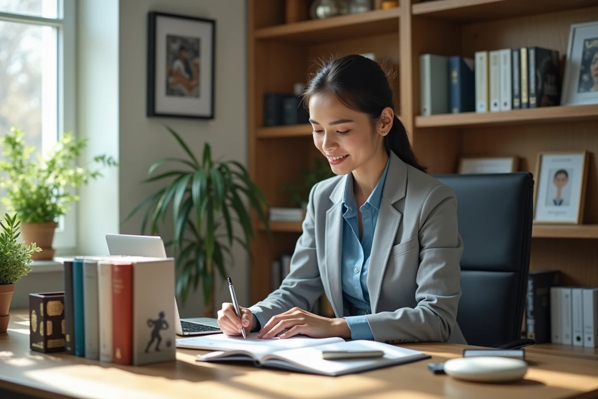 Femme arrange un livre d football dans son bureau