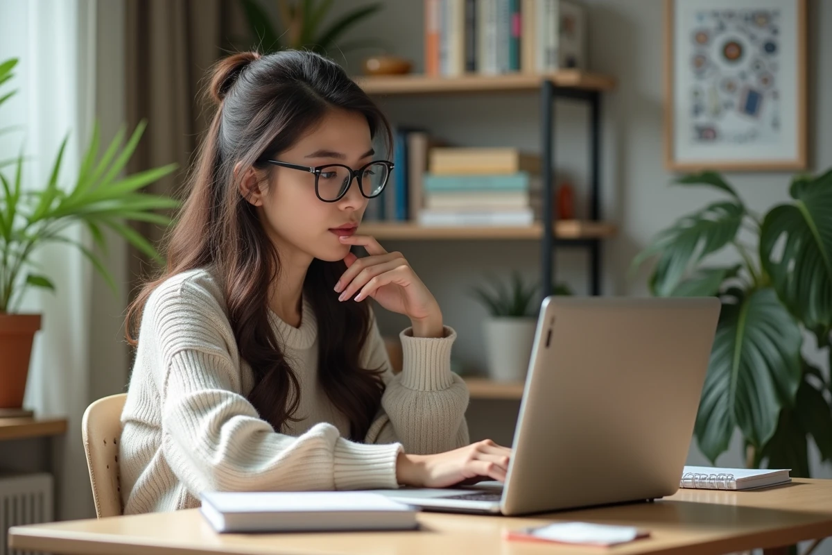 Jeune femme travaillant sur un ordinateur dans un bureau lumineux