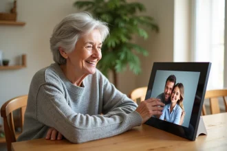 Femme âgée souriante devant un cadre photo connecté affichant une photo de famille dans un salon chaleureux