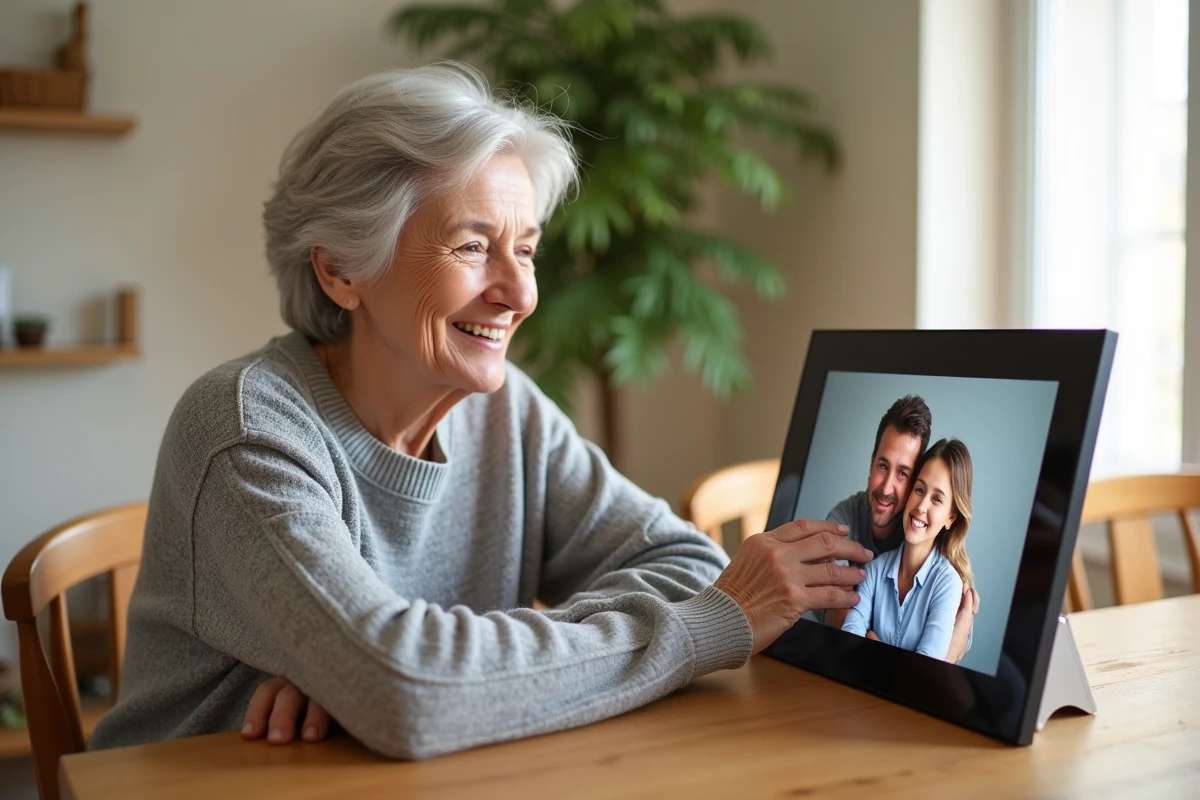 Femme âgée souriante devant un cadre photo connecté affichant une photo de famille dans un salon chaleureux