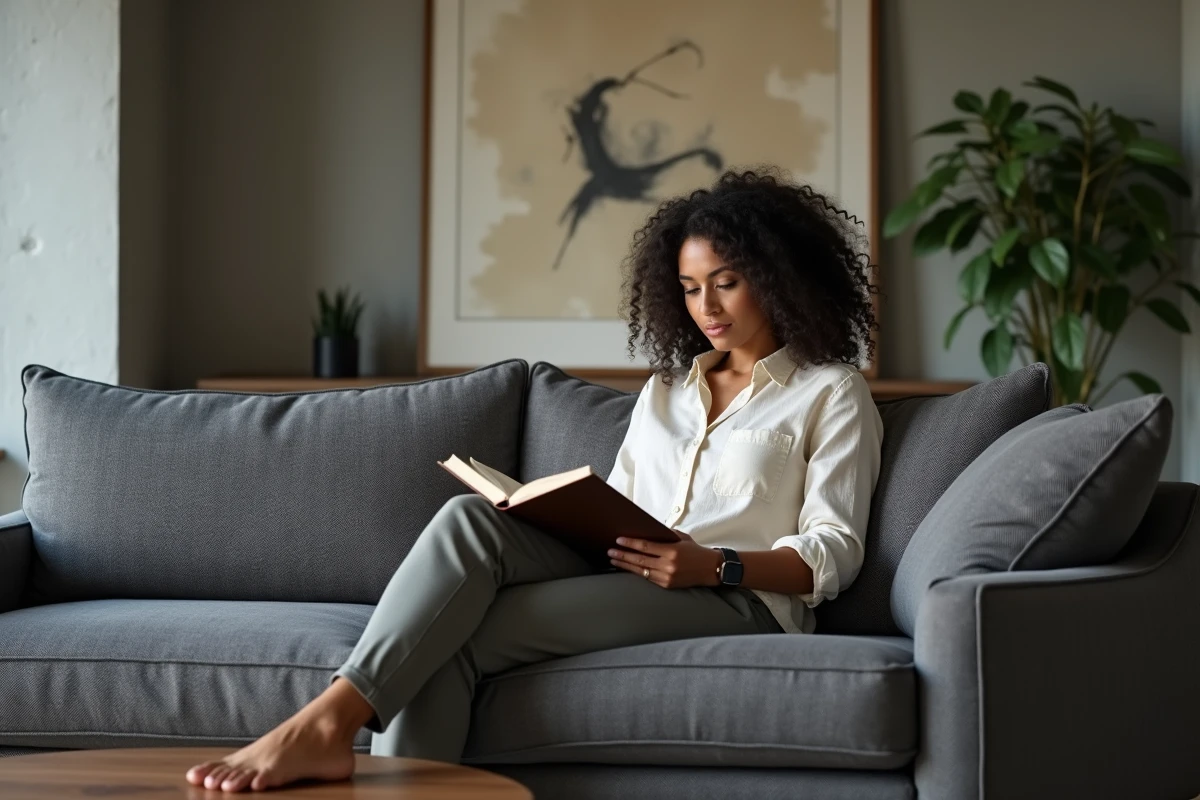Femme assise sur un canapé en tissu haut de gamme motif chevron dans un salon design aux murs en béton