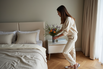 Femme élégante arrangeant des fleurs dans une chambre moderne
