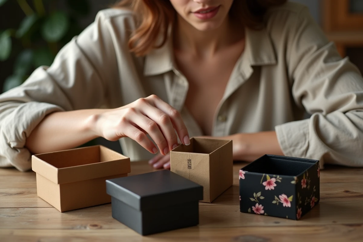 Jeune femme choisissant une boîte à cadeau vide décorée parmi plusieurs modèles posés sur une table en bois rustique