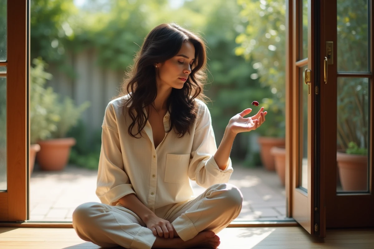 Femme tenant une coccinelle sur son doigt près d'une porte ouverte sur un jardin, signe et signification spirituelle