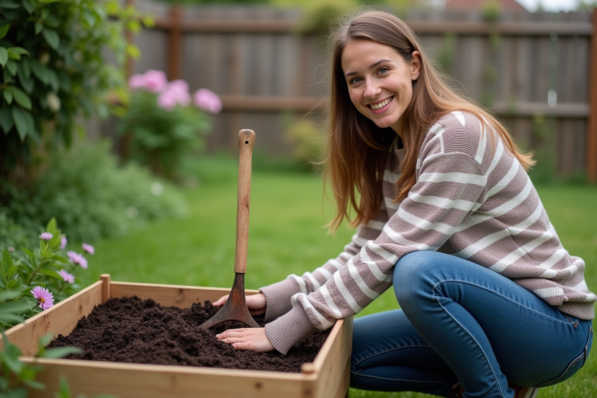 Femme en jeans et pull à rayures compostant dans le jardin