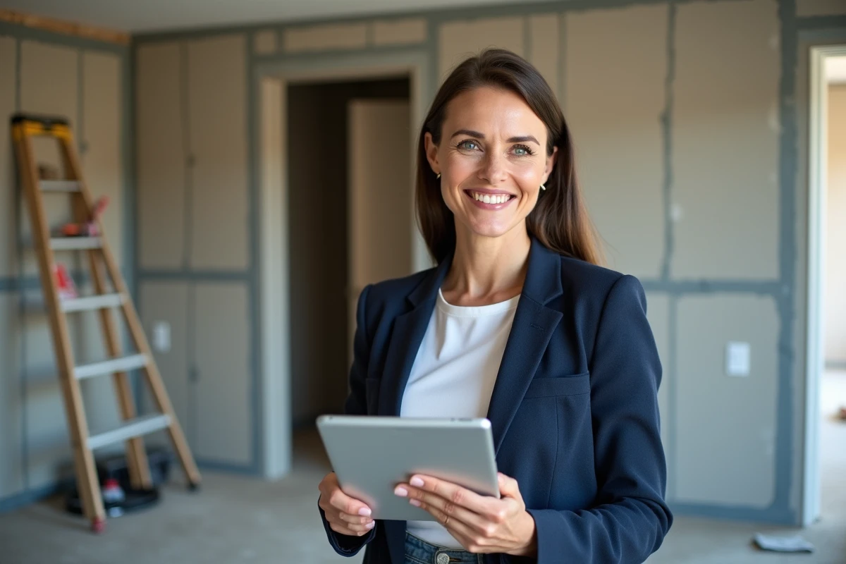 Femme consultant un site de comparaison de devis artisans sur tablette dans un salon en rénovation
