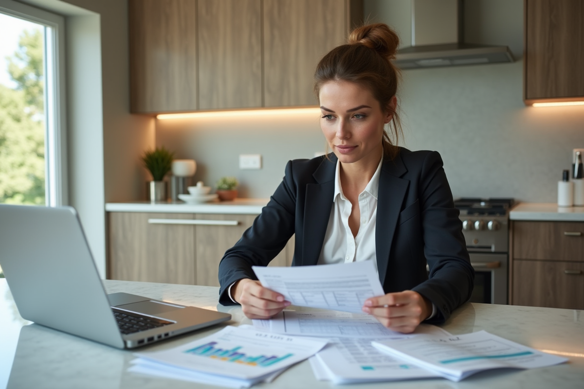 Femme d affaires examine factures dans une cuisine moderne