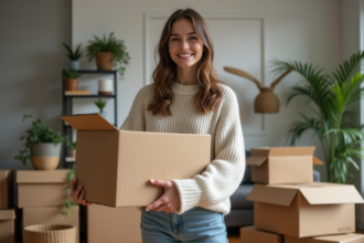 Jeune femme déballant des cartons dans un appartement cosy