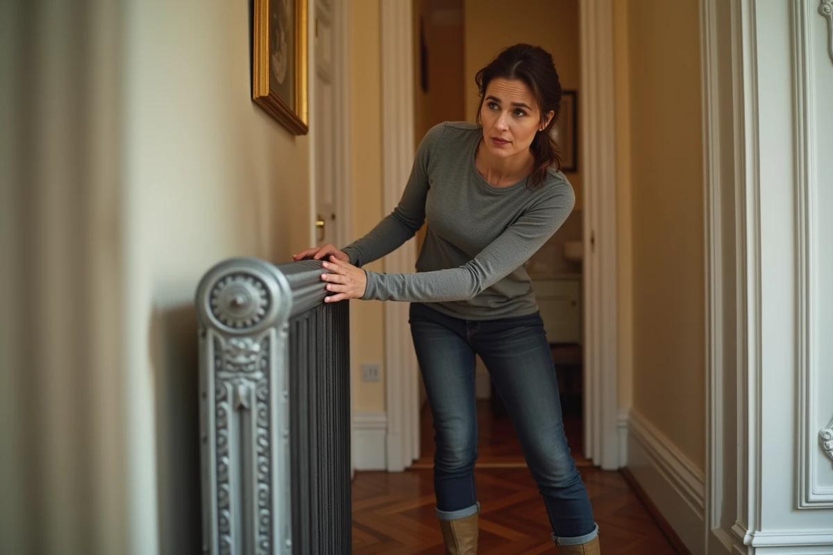 Femme tentant de déplacer seule un lourd radiateur en fonte dans le couloir d'un appartement haussmannien