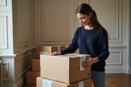 Jeune femme pliant des cartons dans un appartement parisien