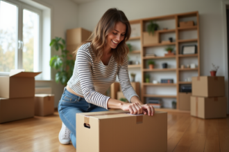 Femme emballant une boîte de déménagement dans un salon lumineux