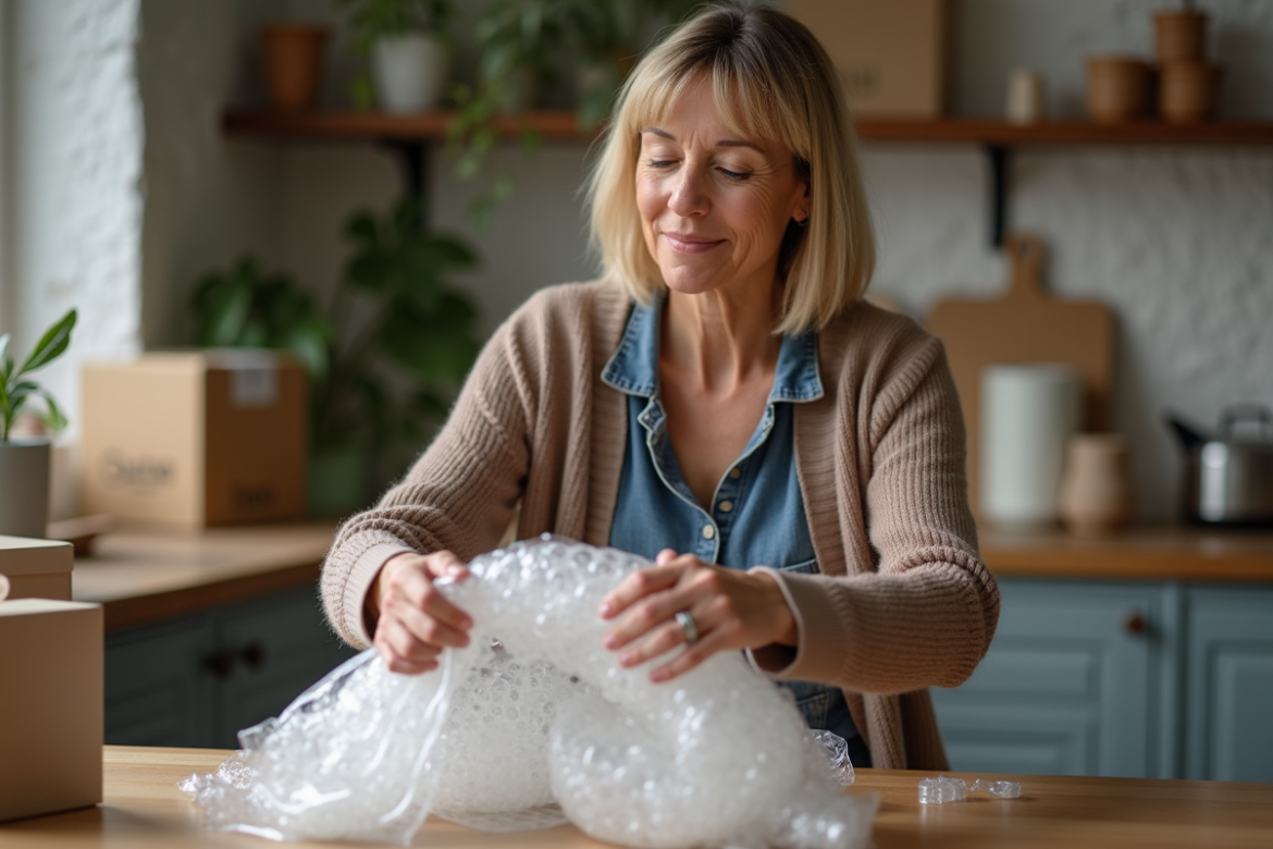 Femme emballant un verre fragile avec du papier bulle