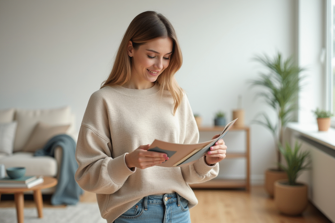 Femme en sweater beige examine des échantillons de couleur dans un salon