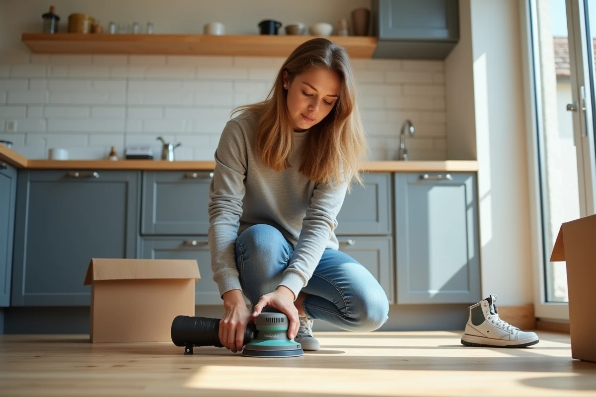 Jeune femme vérifie un ponceuse dans une cuisine rénovée