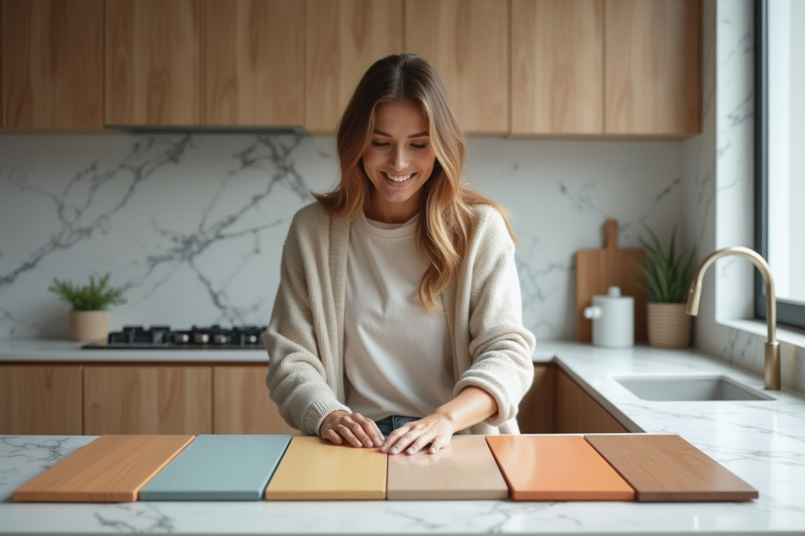 Femme dans la cuisine regardant des panneaux en bois colorés