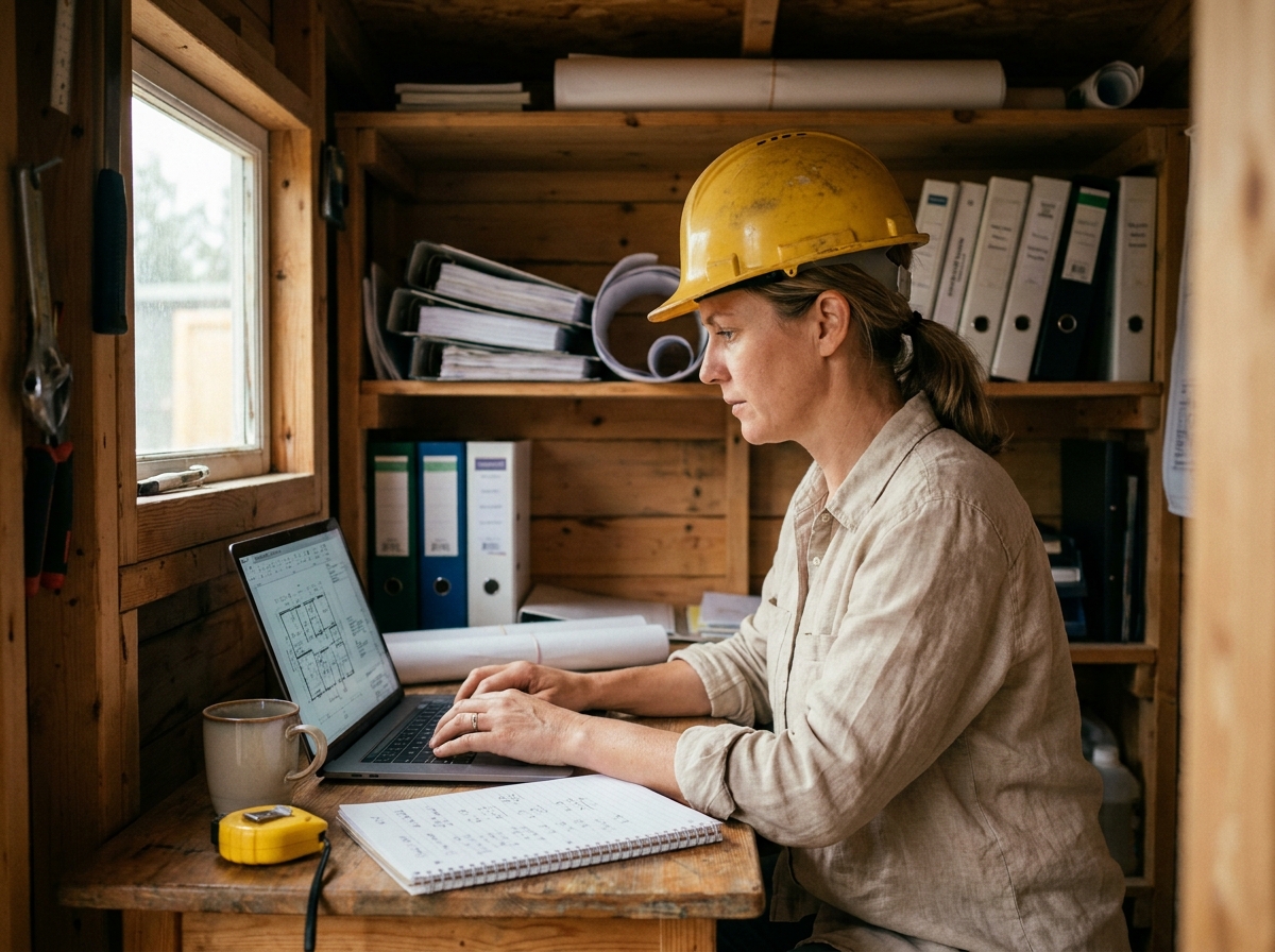 Une femme auto-constructrice travaille sur les plans de sa future maison dans un bureau de chantier