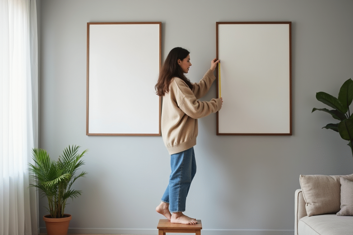 Femme suspendant des tableaux dans un salon scandinave