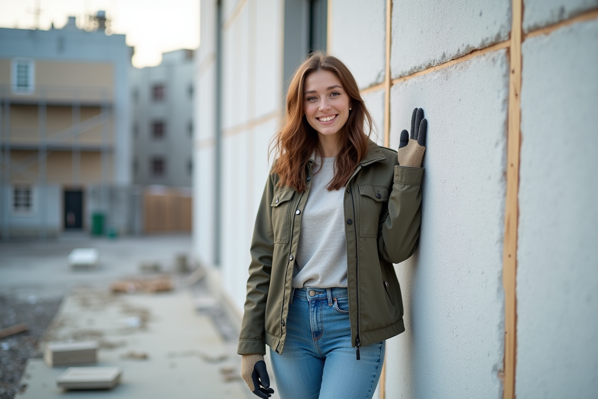 Jeune femme souriante devant mur isolé en polystyrene