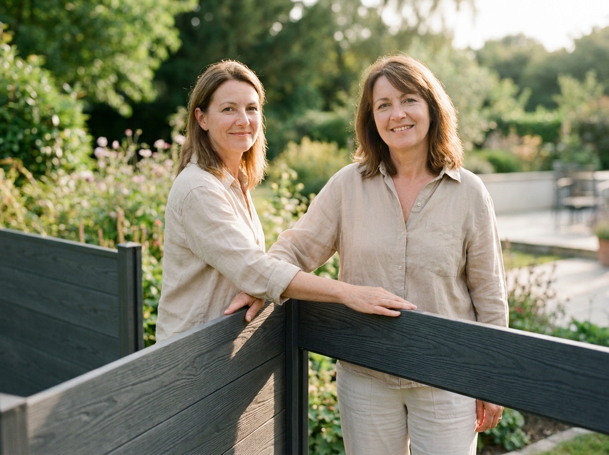 Femme adulte posant fièrement à côté de sa nouvelle clôture composite anthracite installée dans son jardin privatif, exprimant satisfaction et qualité durable