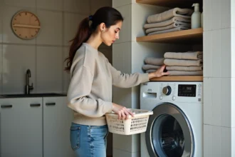 Femme examinant le panneau d'une machine à laver moderne