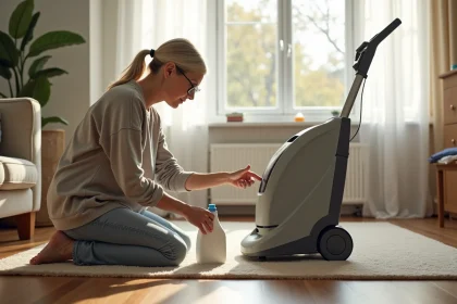 Femme tenant une bouteille de lessive devant une shampouineuse de tapis dans un salon domestique